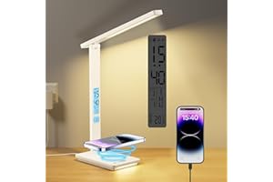 YAMYONE Lampa biurkowa LED z bezprzewodowym ładowaniem i portem USB, 5 kolorów, 5 jasności, funkcja pamięci, lampka do czytania, wyświetlacz LCD, zegar, budzik, lampka nocna, do biura, domu