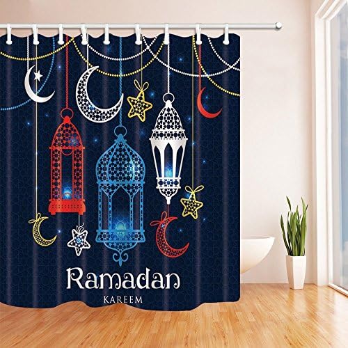 Rrfwq 3D Digital Printing Ramadan Shower Curtain Celebration Holy Eid Theme Mildew Resistant Polyester Fabric Bathroom Decorations Bath Curtains Hooks Included 180X180CM