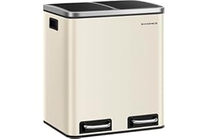 SONGMICS Poubelle Cuisine, 2 x 15 L, Poubelle Tri, avec Pédale, 2 Compartiments, 15 Sacs Poubelles, Seaux Intérieurs, Couvercles en Douceur, en Acier, Beige Sable et Noir d'Encre LTB30A02