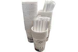 ABD 100 Vasos Desechables Café de Papel Cartón de 240 ml, Vasos Resistentes y Elegantes para Bebidas Calientes o Frías, Perfectos para Oficina y Hogar. Incluyen 100 Paletinas de Madera