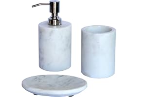 KLEO - Bathroom Accessory Set Made from Natural Stone - Bath Accessories Set Includes Soap Dispenser, Toothbrush Holder, Soap Dish (White - Set of 3)