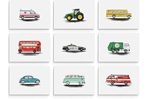 Hambient Laminas Infantiles para Cuadros Habitacion Bebe Decoracion Niño Niña (21 x 30 cm - Sin Marco, Bomberos Policia Bus Tractor)