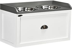 PawHut Gamelles Chiens Surélevées - Porte-gamelles surélevé Chat Rangement 2 en 1 - tiroir, 2 gamelles 2L - en Acier INOX. et Bois Blanc Gris