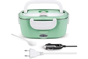 HOMEASY Fiambrera Eléctrica 12V 220V, Calentador de Comida para Coche y Trabajo, 1.5L Termo para Comida con Tenedor y Cuchara Acero Inoxidable, Pefecto para el Hogar Oficina y Viaje(Verde Pastel)