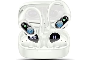 POOUNUR Cuffie Bluetooth Sport, Auricolari Bluetooth 5.3 con HD Mic Stereo, 50Ore Stereo Cuffie Wireless con Ricarica Rapida USB-C, Cuffiette Bluetooth Display LED, IP7 Impermeabili Cuffie Senza Fili, Bianco