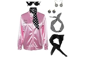 helymore Damen-Kostüm im 50er-Jahre-Stil, sandrosa, Satin-Jacke mit Halstuch, T-Vogel, Danny, Halloween-Kostüm, Größe XL, Pink/Schwarz