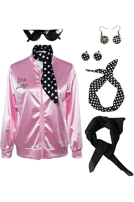 Costume Grease Donna Anni '50 - Giacca Rosa, Occhiali Gatto, Fascia, Sciarpa Seta, Orecchini - Travestimento Vintage - Foto 6