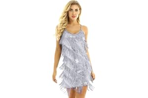 YOOJIA Damen Abendkleider mit Pailletten Fransen Tanzkleid Latein Kleid Rumba Cha Cha Tango Samba Quaste Glitzer Kleid Cocktail Partykleider