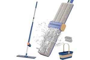 bestyks Juego de Fregona Plana Grande con Cubo, Fregona Plana Sin Manos, Juego de Fregona con Función de Escurridor, Juego de Fregona Húmeda y Seca de 360° para Limpieza de Suelos (2 Paños Azules)