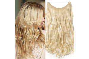 TESS Extensiones Hilo Invisible Pelo Natural 50 cm, Rubio claro Extensiones Pelo Natural Ondulado 90g Pelo Sintético Una Pieza