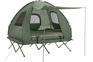 SoBuy Tente Surélevée avec Lit de Camping pour 2 Personnes Tente de Camping Pliable 4en1 avec Lit en Alu, Sac de Couchage, Matelas Gonflable, Sac de Transport Charge Max. 180 kg Verte OGS61-L-GR