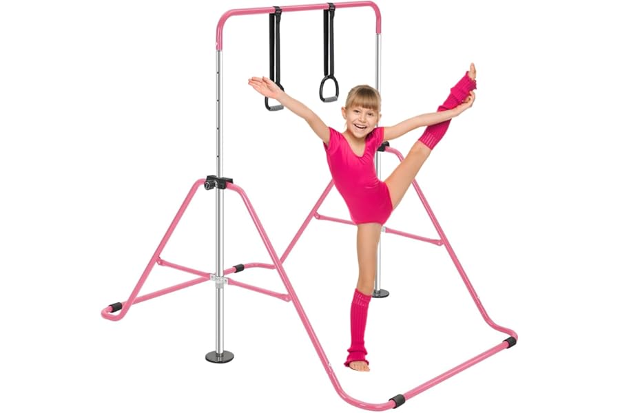 ToughHub Gymnastics Bar for Kids, Adjustable Height Foldable Horizontal Gymnastics Bar with Rings, Safe Home Gym Training Equipment for Strength & Flexibility, for Boys & Girls