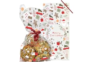 Anniversary House 20pcs Christmas Scandi Cellophane Bags - Clear Treat Bags with Twist Ties - Food-Safe & BOPP Plastic Bag for Cookies, Sweets, Party Favours & Christmas Gifting