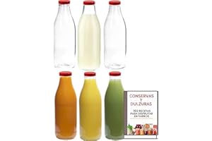 Awiku Pack 6 Botellas de Cristal de 1 Litro para Leche y Bebidas + EBook de 102 Recetas, con Tapa de Rosca Hermética - Ideal para Leche, Batidos, Horchata, Zumos, Licuados y Salsas - Set de 6