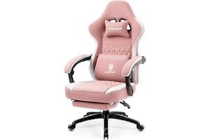 Dowinx Fotel gamingowy z poduszką z kieszeni, fotel gamingowy do masażu z podnóżkiem, ergonomiczne krzesło dla graczy, obciążenie 150 kg, różowe