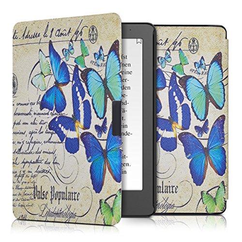 kwmobile Hülle für Kobo Aura Edition 2 - Flipcover Case eReader Schutzhülle - Bookstyle Klapphülle Schmetterlinge Schrift Design Blau Mintgrün Beige