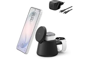 Belkin UltraCharge Bezprzewodowa Stacja Ładująca 3 w 1 z Qi2, 25 W – Czarna | Ładowarka Magnetyczna do Urządzeń iPhone, Galaxy, Słuchawek i Smartwatchy, Certyfikat Qi2.2, Port USB-C, z Zasilaczem 45 W
