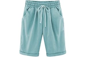 OGLCCG Womens Half Pants Plus Size Knee Length Cotton Linen Shorts with Pockets Summer Solid Beach Vacation Shorts Ladies Straight Leg Trousers Drawstring Elastic Waist Bermuda Shorts Casual Work Shorts