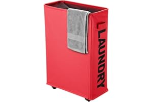 Slim Rolling Laundry Basket with wheel, IHOMAGIC Rectangle Storage Hamper - Thin Laundry Basket Corner Fittable Laundry Bin Flexible handle Laundry Sorter For Dormitory, Hotel, 39x18.5x58cm 41L,RED