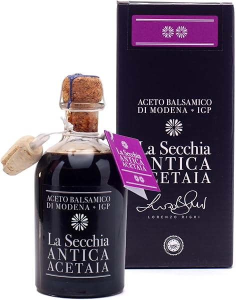 La Secchia - Vinaigre Balsamique de Modène IGP "Deux Étoiles", Vieilli en 8 Fûts de Chêne, Moyenne-Basse Densité, Flacon de 250 ml avec Bouchon Doseur en Liège - 1