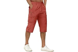 TACVASEN Men's 3/4 Length Shorts Cotton Casual Capri Cargo Shorts Cropped Trousers with Multi Pockets