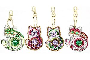5D DIY Diamond Painting Keychains, SZHTSWU 4PCS Diamond Painting Kits for Kids and Adult, Rhinestone Pendant Embroidered Key Chain for Art DIY Craft Backpack Phone Bag Decor (Cat)