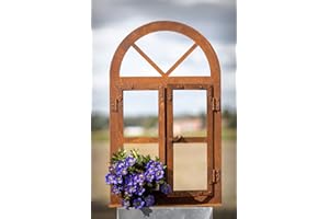‎STEINFIGURENWELT GIEBEN STEINFIGURENWELT GIEBEN Deko Rundbogen Fenster 45 cm hoch zum Öffnen auf Platte Sprossen Rost Edelrost Gartendeko Wetterfest Fensterrahmen Metallfenster
