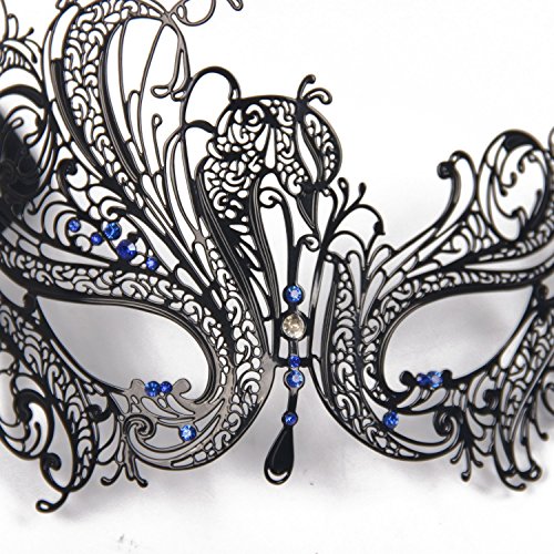 Gearmax® Sexy Glänzende Metall Schwarz venezianischen Maskerade-Maske für Frauen mit Kristallen Halbaugenmaske (Schwarz mit Blaustraß) - 4
