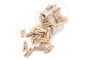 KOMUNJ 50 Pcs Wooden Clip Thumbtack Push Pins With Wooden Clips for Wall Cork Boards, Paper Notes, Photos, Projects, Decorative Crafts and Drawing (50-WOOD)