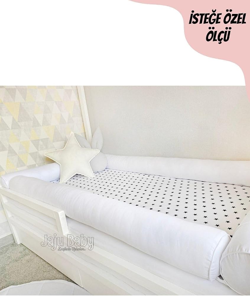 Jaju Baby Beyaz Montessori Yatak Bariyer, 100x200 cm, Beşik Kenar Koruma, 4 Kenar