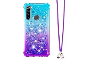 LEMAXELERS Funda con Cuerda para Xiaomi Redmi Note 8,Carcasa Xiaomi Redmi Note 8,Brillante Brillo Liquida Quicksand de Cuello Cadena Carcasa Transparente Silicona TPU Case con Collar Correa,YB GS Blue Purple