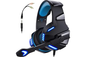 GraGra Gaming Headset, Ear Gaming Headphones with Noise Cancelling Mic, Computer Wired Headset Noise Reduction with LED Light for Laptops, Smartphones, Computers, Cool Black Blue.