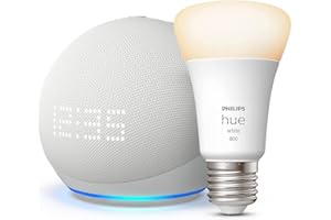 AMAZON Echo Dot (5.ª generación, modelo de 2022) con reloj, Blanco + Philips Hue White Bombilla Inteligente (E27), compatible con Alexa - Kit de inicio de Hogar digital