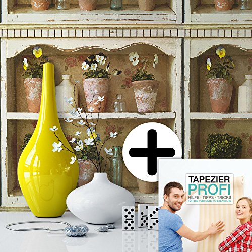 Vliestapete Blumen Landhaus Optik , schönes Regal Design und purer RomAntik Effekt , schöne 3D Optik für Wohnzimmer,Schlafzimmer,Flur oder Küche inkl. Newroom Tapezier Ratgeber mit super Tipps! - 3