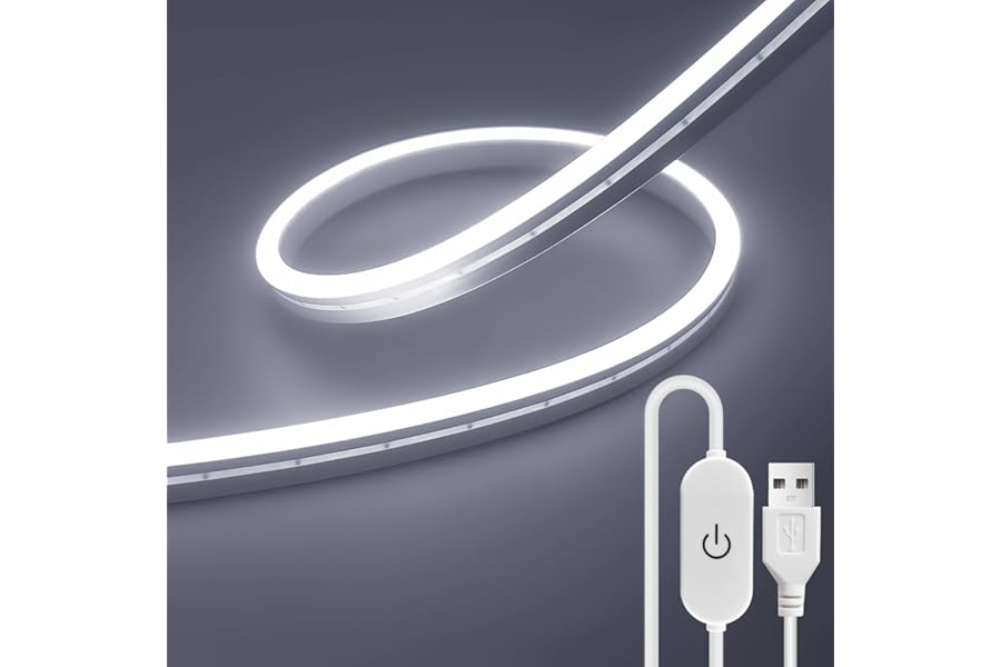 ShineBurky LED Strip Light White 6000K, 2M USB Neon Rope Lights, 5V Outdoor Waterproof Cuttable Dimmable Flexible Light for Bedroom Kitchen Mirror TV Backlight Cupboard Staircase Windows Wedding Decor