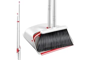 Masthome Escoba y Recogedor Plegable, Juego de Escoba y Pala con Manija Extensible de 130 cm de Largo, Cepillo y Recogedor para Casa, Cocina, Dormitorio, Oficina, Vestíbulo, Blanco y Rojo