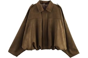 Xunger Women's Faux Suede Bomber Jacket Spring Lapel Pilot Coat Casual Oversized Long Sleeves Trendy Streetwear Outerwear