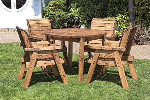 Round Wooden Garden Table and 4 Chairs Dining Set - Outdoor Patio Solid Wood Garden Furniture