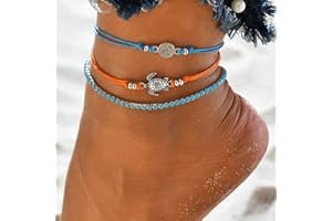 Zoestar Tobillera de tortuga bohemia en capas, pulseras de tobillo con cuentas azules para mujeres y niñas, talla única, Metal Níquel
