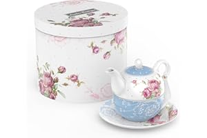 London Boutique Tea for One Teapot Tea Cup Saucer Set Gifts for Women Tea Set for 1 New Bone China Vintage Flora Gift for Her 350m (Blue)