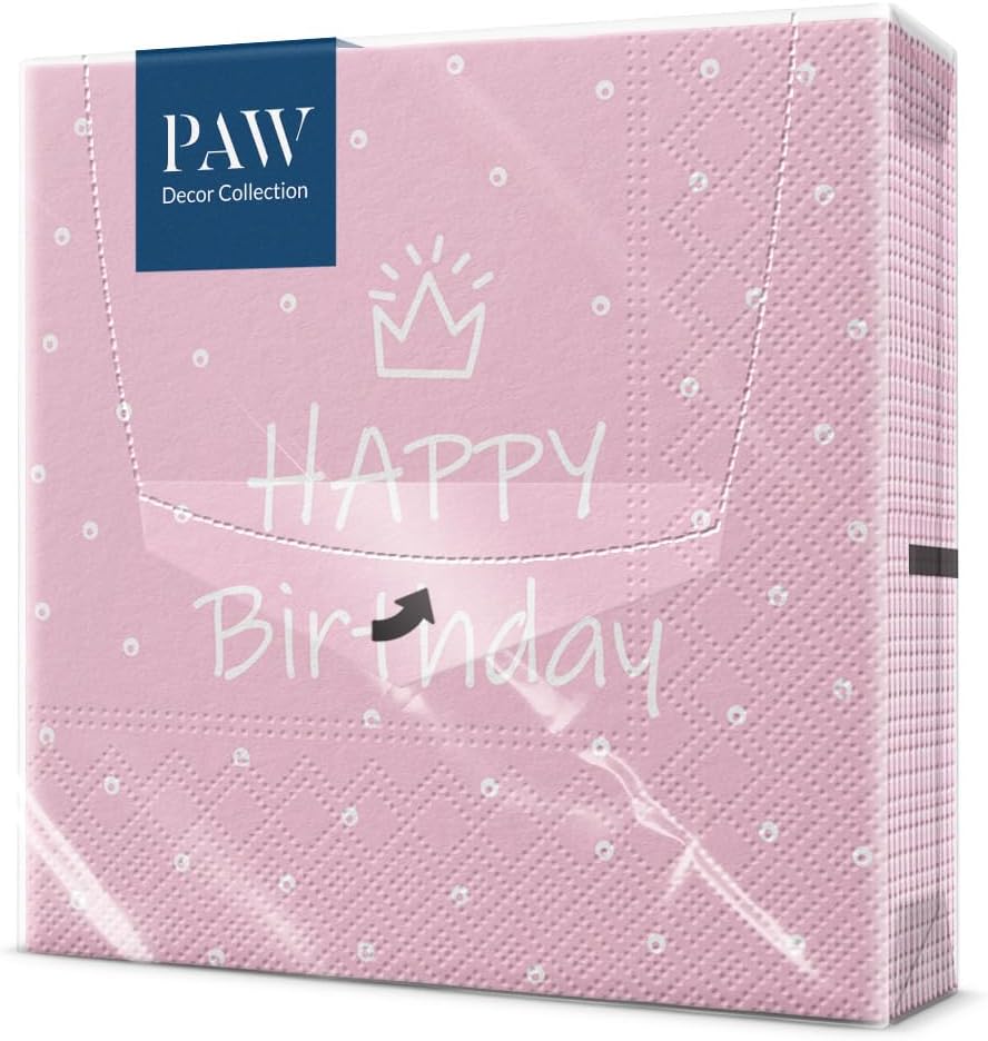 PAW - Serviette Papier 3 Plis (33 x 33 cm) I Lot de 20 I Pour les Fêtes, les Anniversaires, les Célébrations I Décoration de Table Idéale Fête d'anniversaire - Journée Spéciale Rose Clair