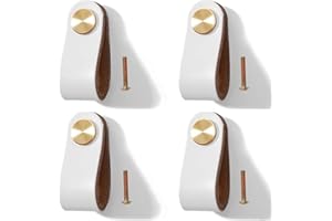 Yuaaoh Boutons de Meuble en Cuir 4 Pièces Bouton de Porte de Placard en Cuir Bouton de Commode Cuir Poignee de Tiroir en Cuir avec Vis pour Cuisine Chambre Salle de Bain, Trou Unique (Crème Blanc)