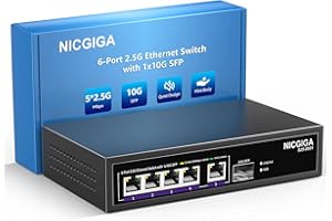 NICGIGA 5 Port 2.5G Ethernet Switch with 10G SFP Uplink, Unmanaged 2.5Gb Network Switch, Plug & Play, Desktop/Wall-Mount, Fanless Metal Design.