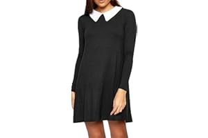 Re Tech UK Women Ladies Peter Pan Black Dress with White Collar Long Sleeve Swing Dress Midi Skater A-Line Flared Wednesday Addams Costume Adult Plus Size 8-22
