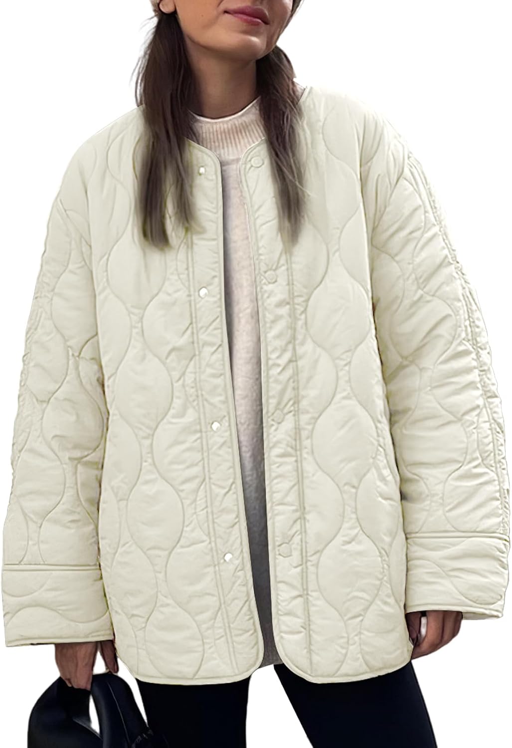 Women's Fall Winter Quilted Cotton Coat: Loose Fit Round Neck Casual Jacket, Solid Color Oversized Padded Outerwear for Trendy Daily Streetwear