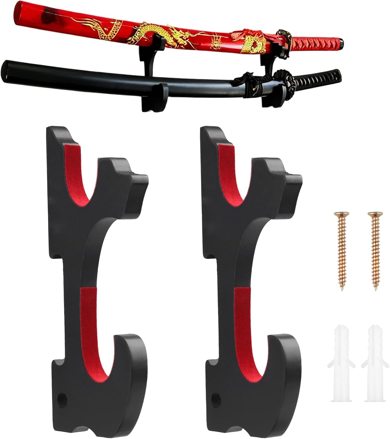 2 soporte katana pared de madera con ganchos acolchados ajustables, Soporte espada pared universal para katana real acero afilada wakizashi, tanto y sable cosplay, soporte de pared para espada samurái