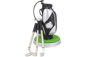 AMRTA Golf Bag Pen Holder With Clock for Desk - Mini Golf Caddy Cart Holder and 3 Pens Gift Set for Men Women, Desktop Aluminum Alloy Golf Souvenir for Dad Friends Golfer