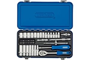 Draper 1/4" 45 Piece Square Drive Metric Socket Set | Micrometre Reversible Hand Tool |Soft Grip Ratchet | 12 Metrics Sockets Mechanics Car Tools | Metal Storage Case | Hex Bit Adaptor | 16365