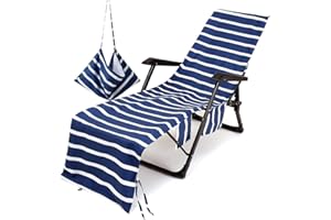 Morbuy Funda para Toallas para Tumbonas de Playa, Color sólido Rayas Funda para Silla de Playa de Microfibra con Bolsillos Laterales, para Tumbonas de Jardín, Piscina, Tomar El Sol (Azul Oscuro)