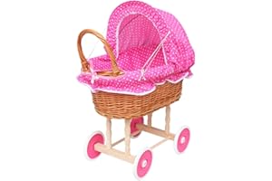 FORYOURPROTECTION Puppenwagen aus Weide Holz Weidenwagen Kinderwagen Weidenpuppenwagen Verschieden Motive (ROSA | mit Punkten)